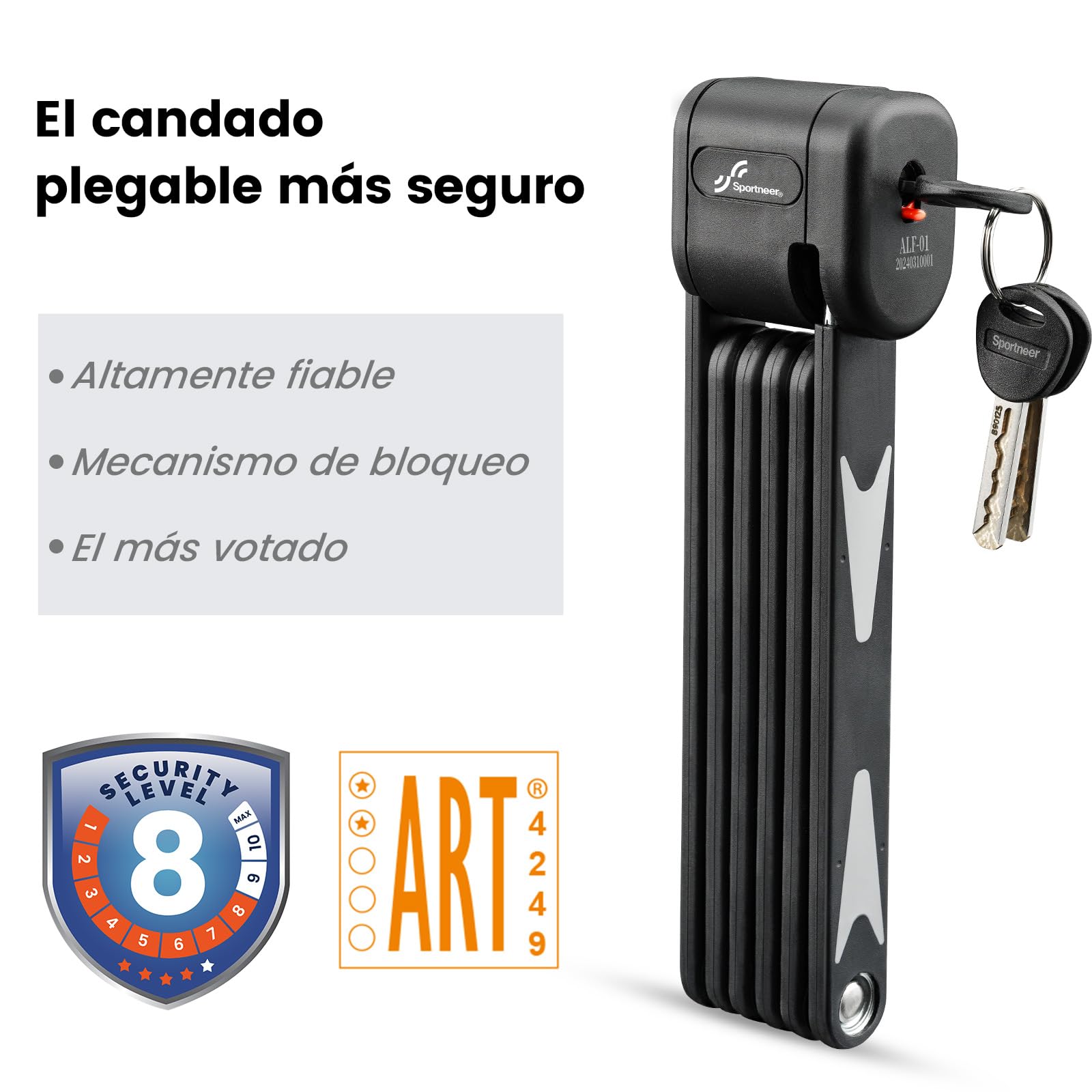 Sportneer Candado de bicicleta plegable con candado - Candado para bicicleta con cilindro Super B para una alta protección contra manipulaciones - Nivel de seguridad ART 2 - Largo 95 cm