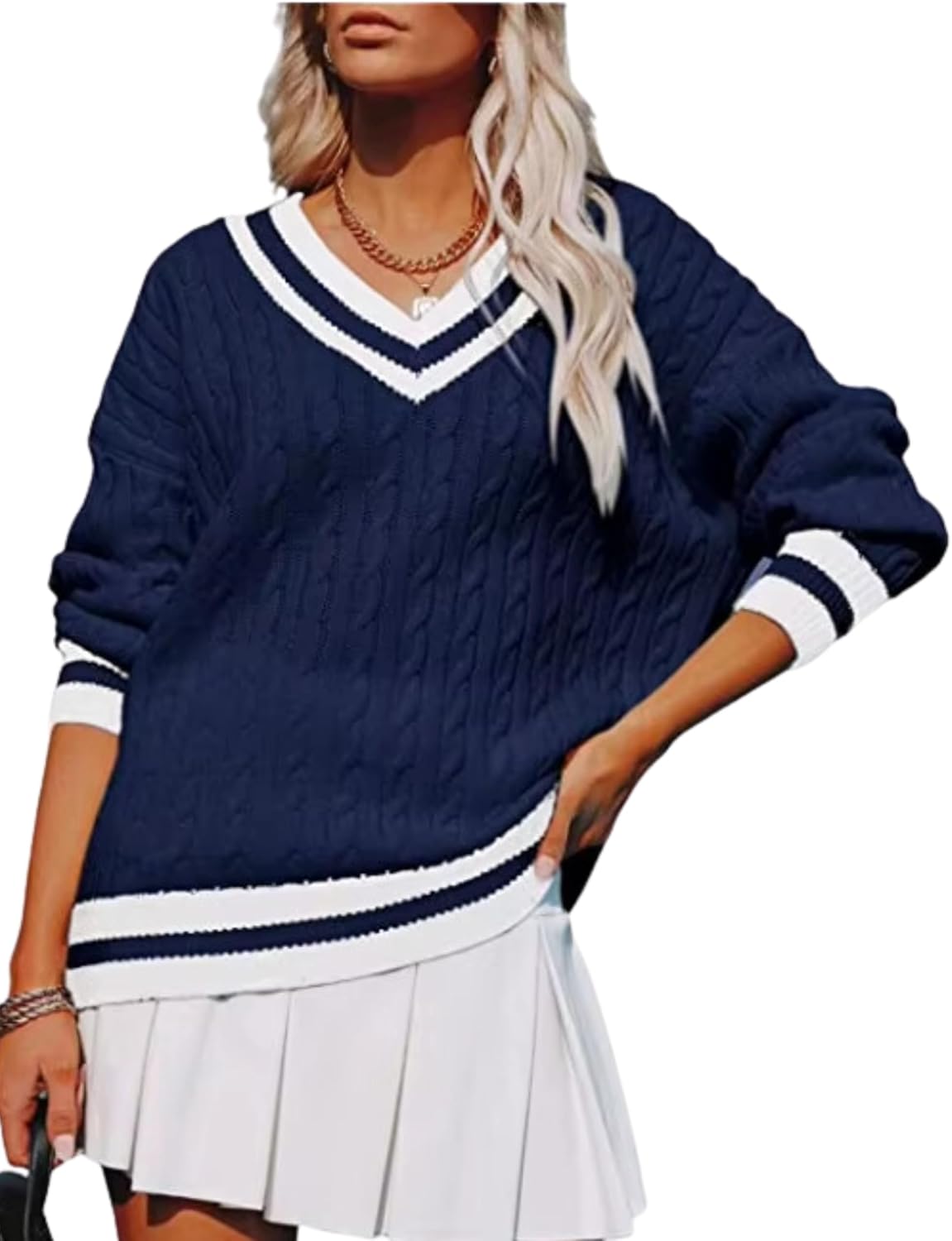 InterNos Women's Casual V Neck Long Sleeve Sweater Trendy Striped Pullover Cable Knit Preppy Sweaters