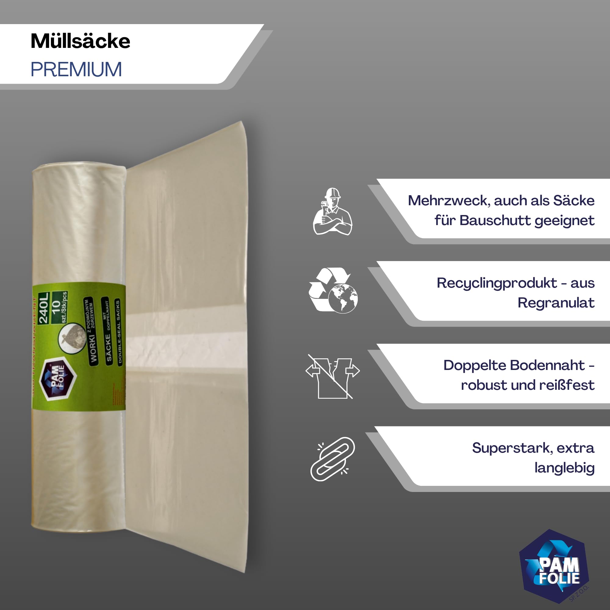 Worki na śmieci 240L – 30 sztuk – zestaw – worki XXL, duże, mocne, grube – 120 x 150 cm – 35 µm – uniwersalne, przezroczyste worki na śmieci – worki na odpady budowlane, styropian