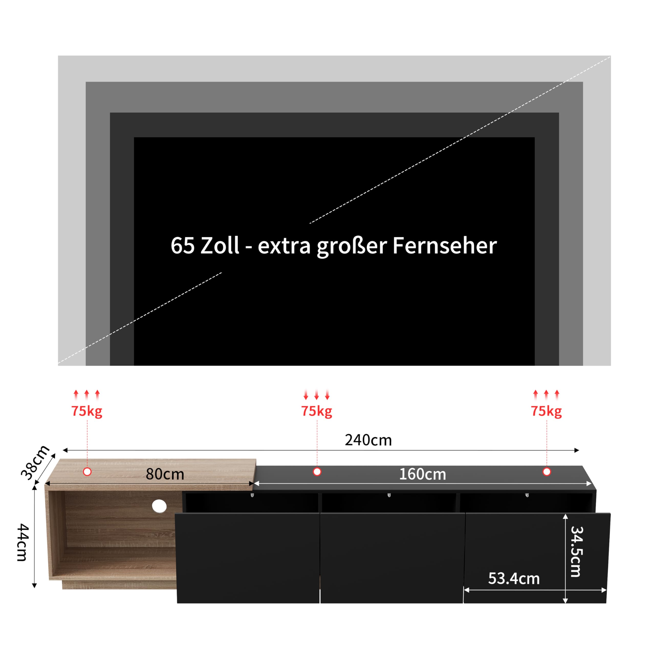TITA-DONG TV Lowboard mit Intelligente Sensor-LED, 240cm TV-Schrank mit 3 Schubladen und Regalen, TV-Möbel mit Kabelmanagement, Fernsehtisch für Wohnzimmer, Schlafzimmer, Schwarz