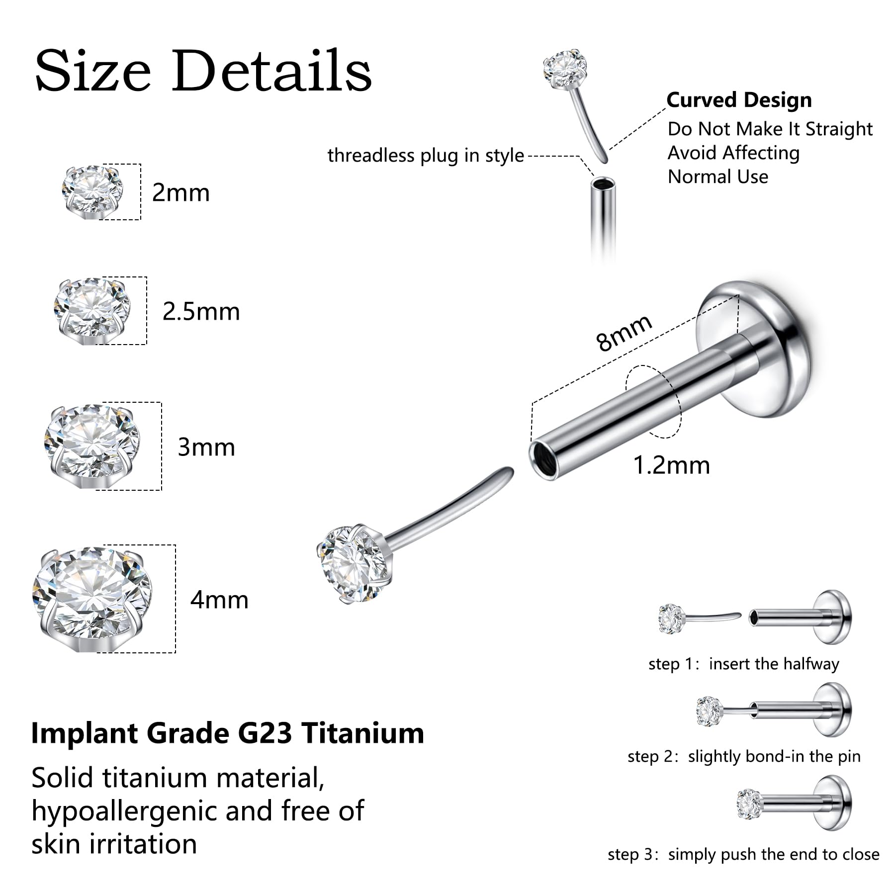 FECTAS Pendientes de titanio para nariz, 16G, 18G, 20G, hipoalergénicos, grado de implante 6, 7, 8, 10 mm, sin rosca, hélice, tragus, labio, labio, parte trasera plana, joyería
