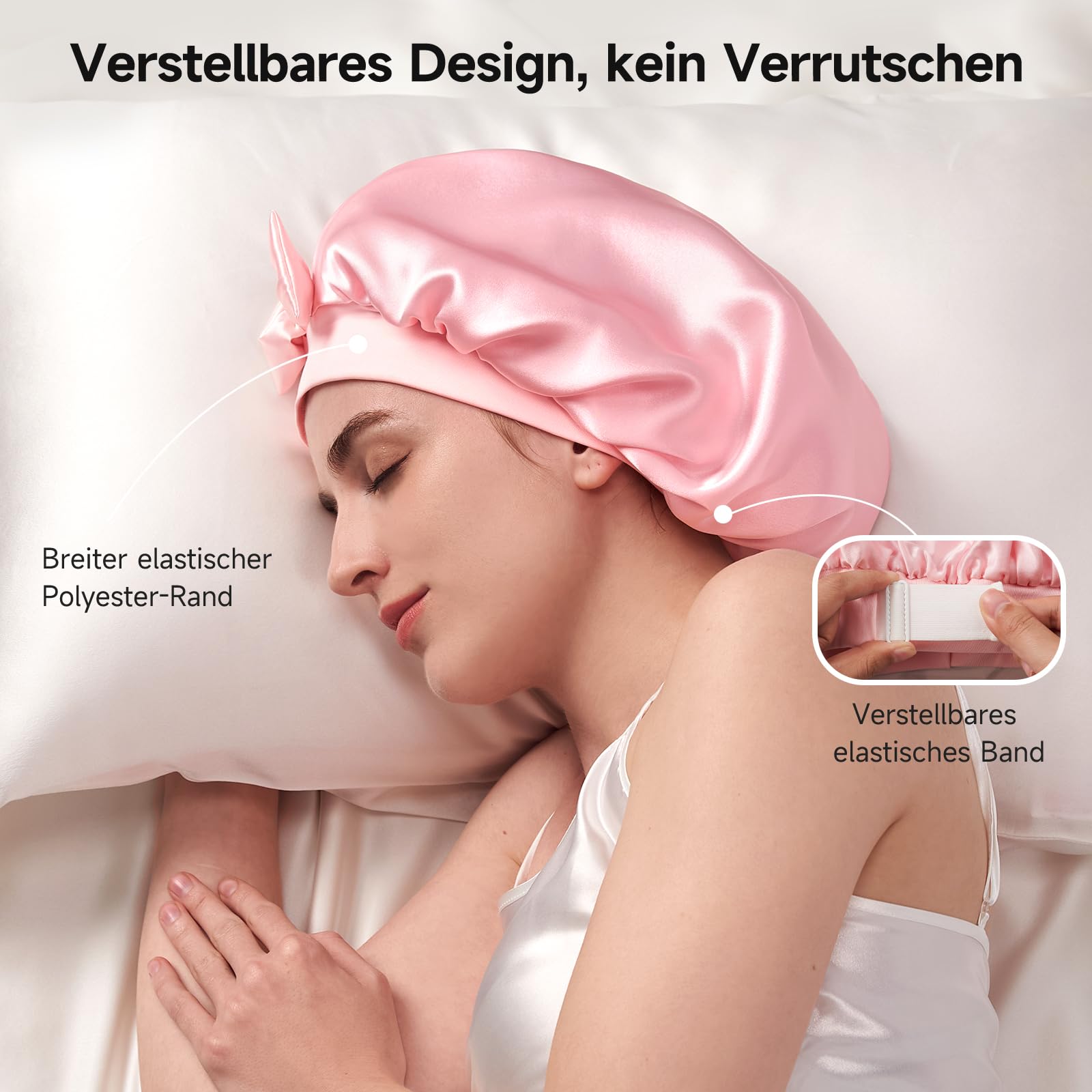 Umisleep 100 % Maulbeerseide 22 Momme große Seidenhaube zum Schlafen, doppellagig, rutschfest und atmungsaktiv, mit verstellbarem Band für lange, lockige Haare, Hellrosa