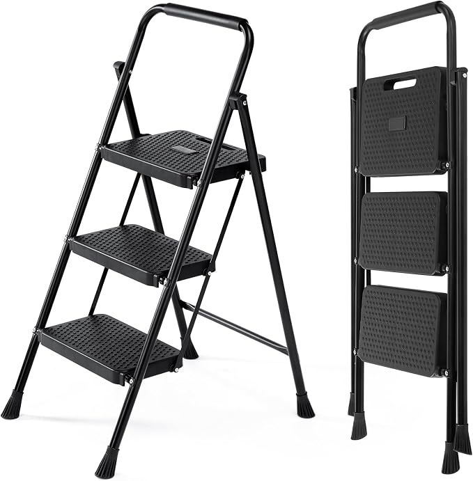 NEWBULIG 3 Step Ladder, Collapsible Step Stool with Safety Lock, Anti-Slip Rubber Feet, Lightweight Portable Ladder for Home Office Garage, Black