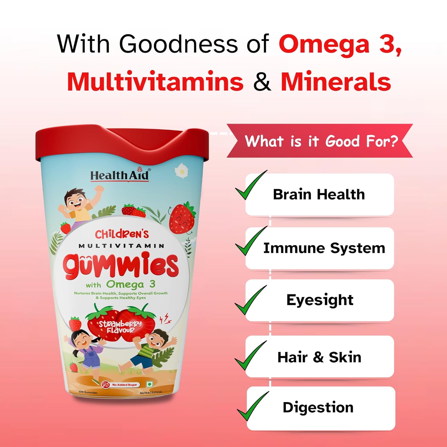 HealthAId Children's Multivitamin Gummies - Sugar-Free Fiber & Omega 3 | Supports Brain & Eye Health, Immunity, Digestion, Daily Wellness | 24 Essential Nutrients with Iron, Vitamins C, A, B, D | Natural Berry & Strawberry Flavor | Dairy & Soy Free - 120 Gummies HealthAId Children's Multivitamin Gummies - Sugar-Free Fiber & Omega 3 | Supports Brain & Eye Health, Immunity, Digestion, Daily Wellness | 24 Essential Nutrients with Iron, Vitamins C, A, B, D | Natural Berry & Strawberry Flavor | Dairy & Soy Free - 120 Gummies