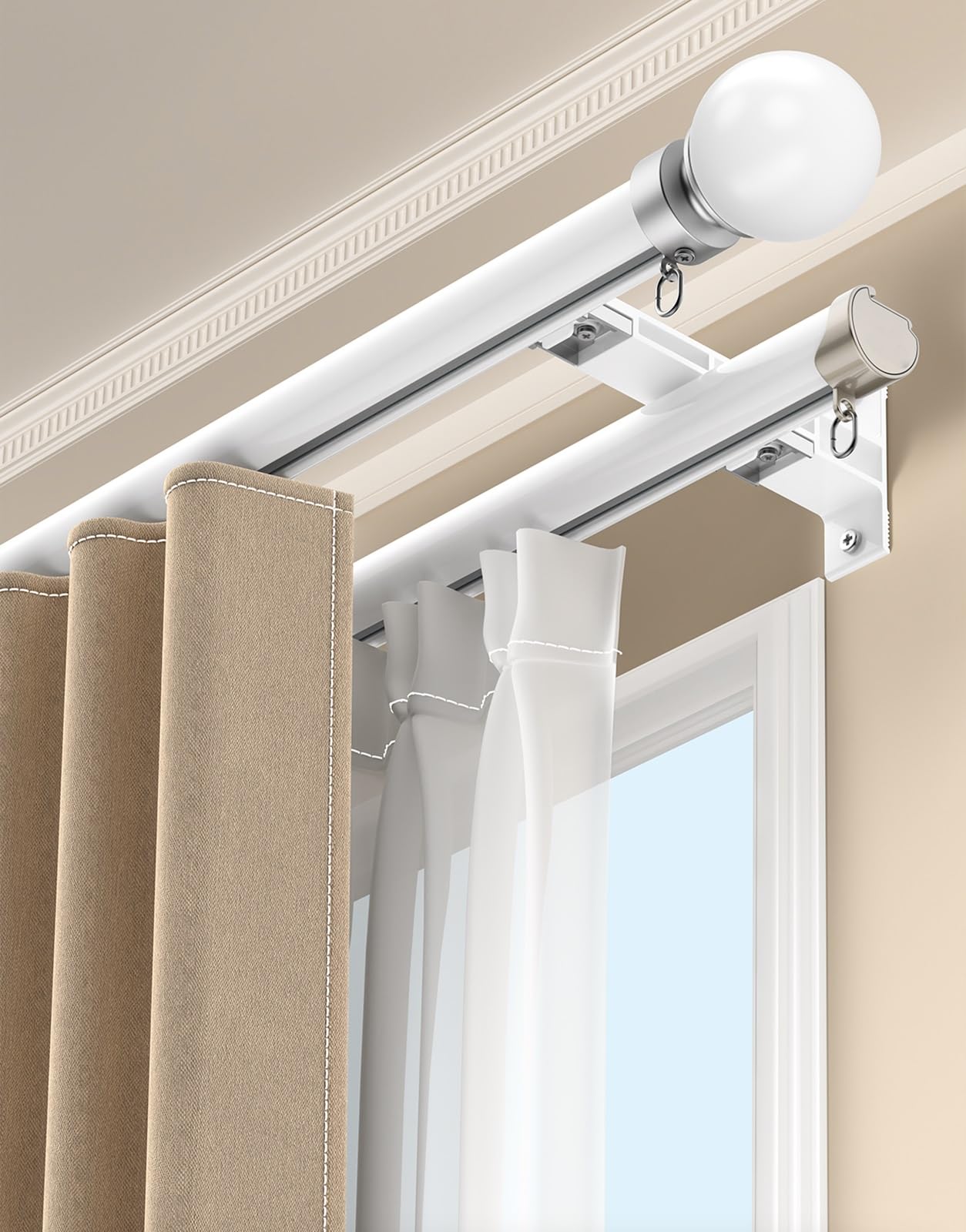 Double Tringle a Rideaux Murale avec Rail de Rideau Séparation de Pièce Silencieuse, Barre Rideau en Aluminium avec Embouts Ronds 1-6 m pour Salon Chambre à Coucher Hôpital(Blanc,1m(3.3ft))