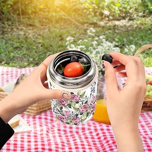 Miniatura 5 de JUNZAN Watercolor Flowers Rose Wild Berry Kids Womens Insulated Food Jar Containers with Spoon 17oz500ml Warm Food Container Stainless Steel Vacuum