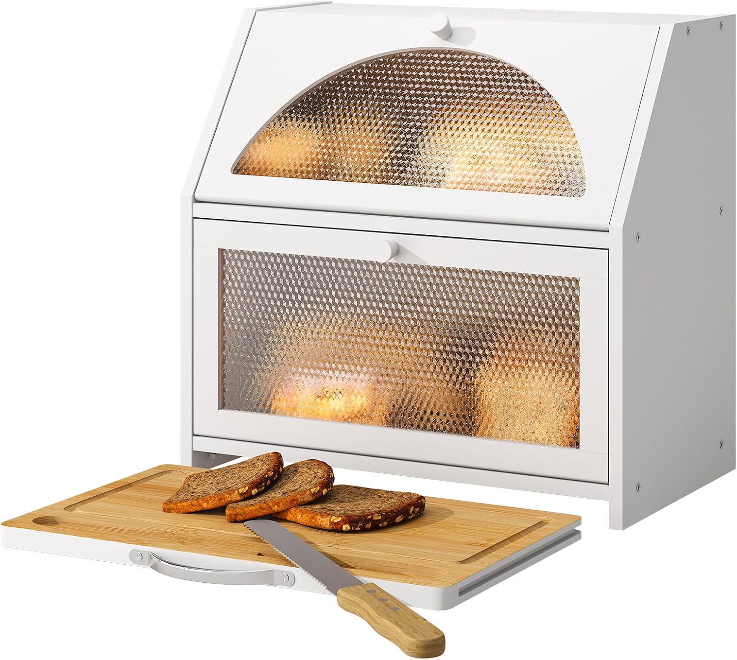 Bamboo Bread Box with Cutting Board, Double Layer Extra Large Bread Storage Bin with Door Panel for Kitchen Counter (White)