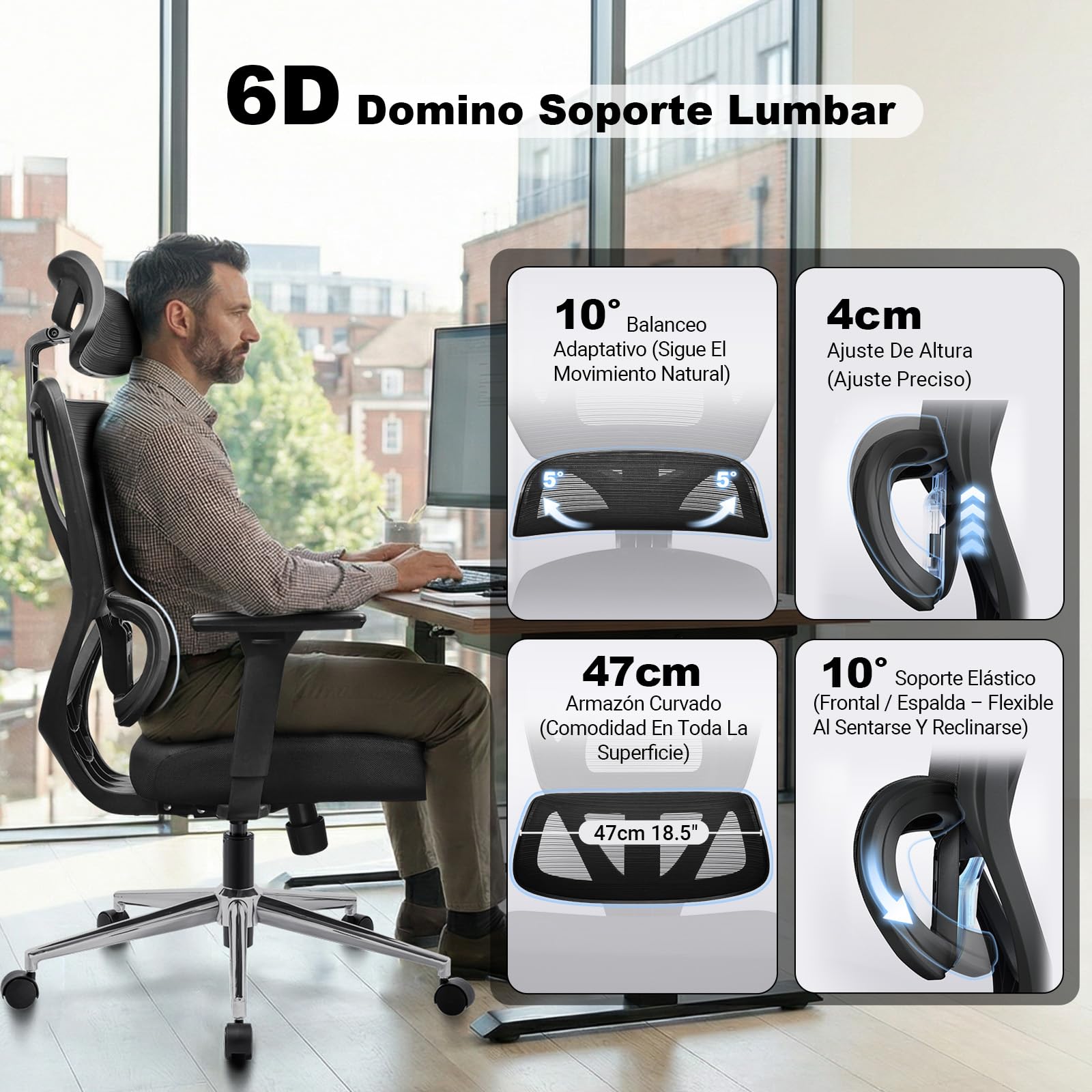 MELOKEA Silla de Oficina ergonómica 150kg con Soporte Lumbar Ajustable | Silla de escritorio para teletrabajo con asiento de muelles, reposabrazos 3D y EN1335