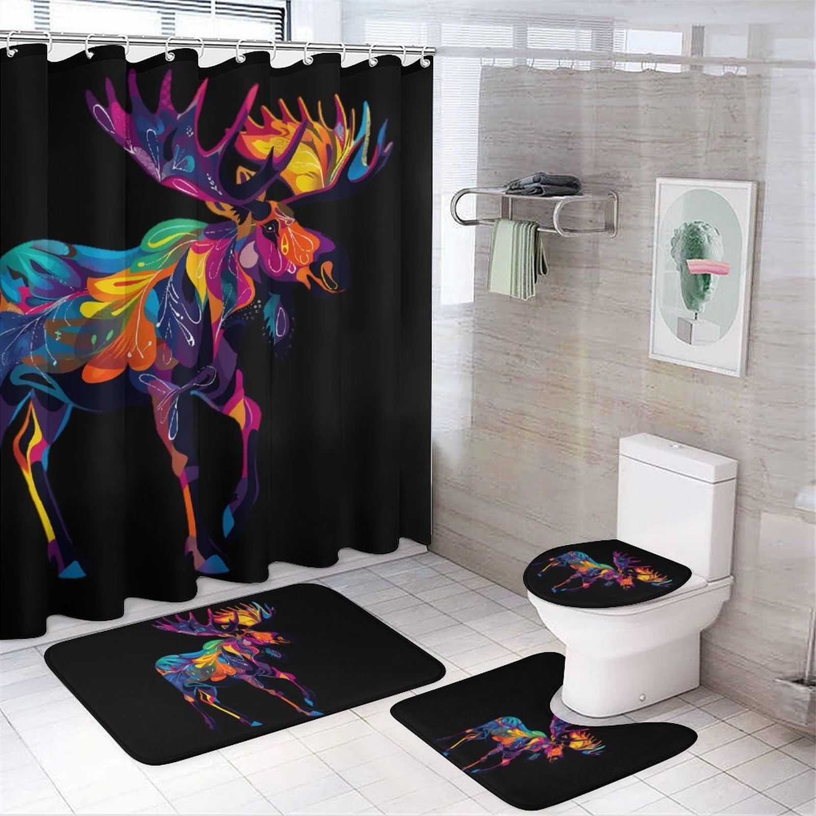 CGSBNGHA Colorful Canadian Moose Abstract Paint Wildlife Shower Curtain Set 4 Piece Bathroom Sets with Rugs Toilet Lid Cover And U-Shaped Floor Mat