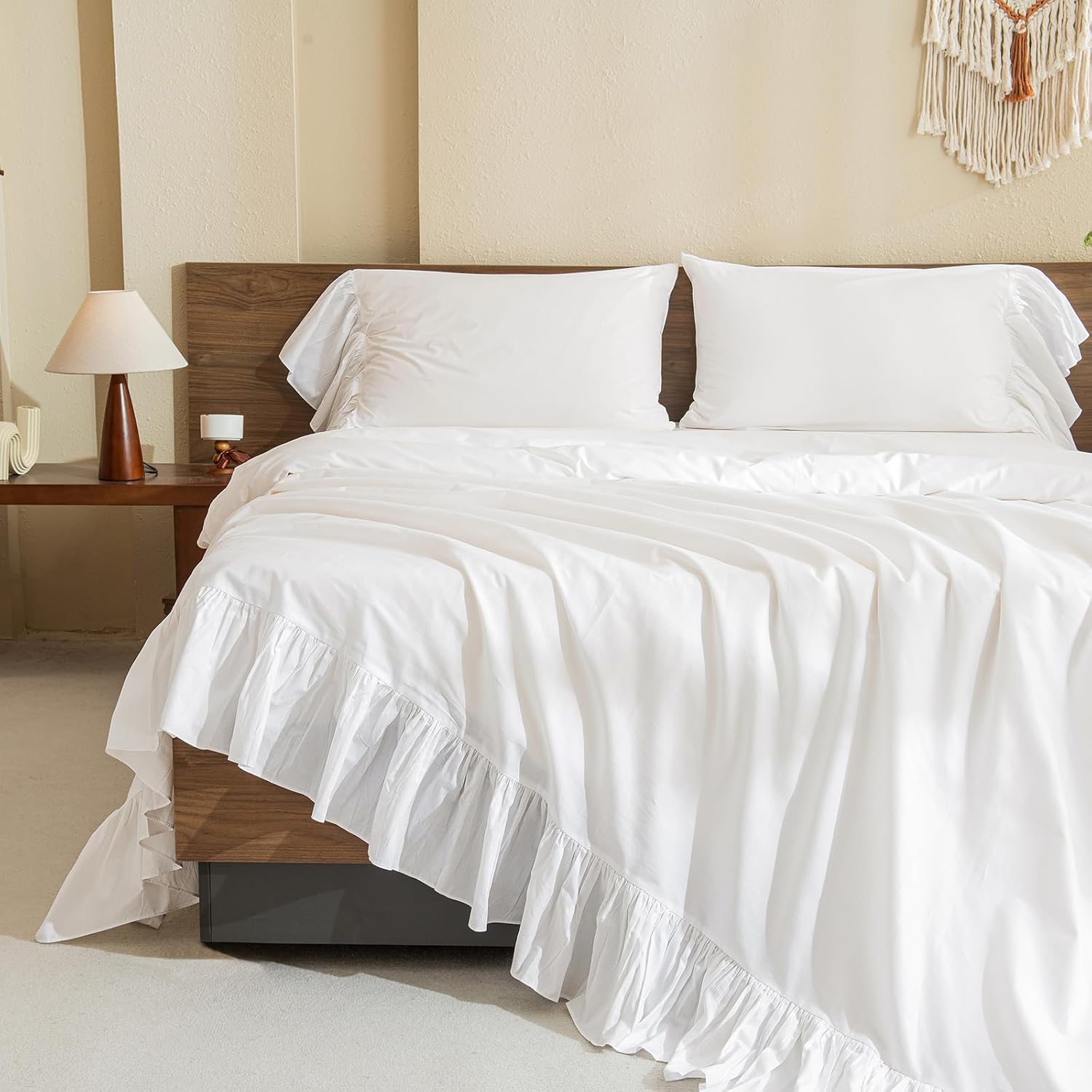 Queens House White Ruffles Bed Sheets Set Cotton Queen Size Sheets-Style G