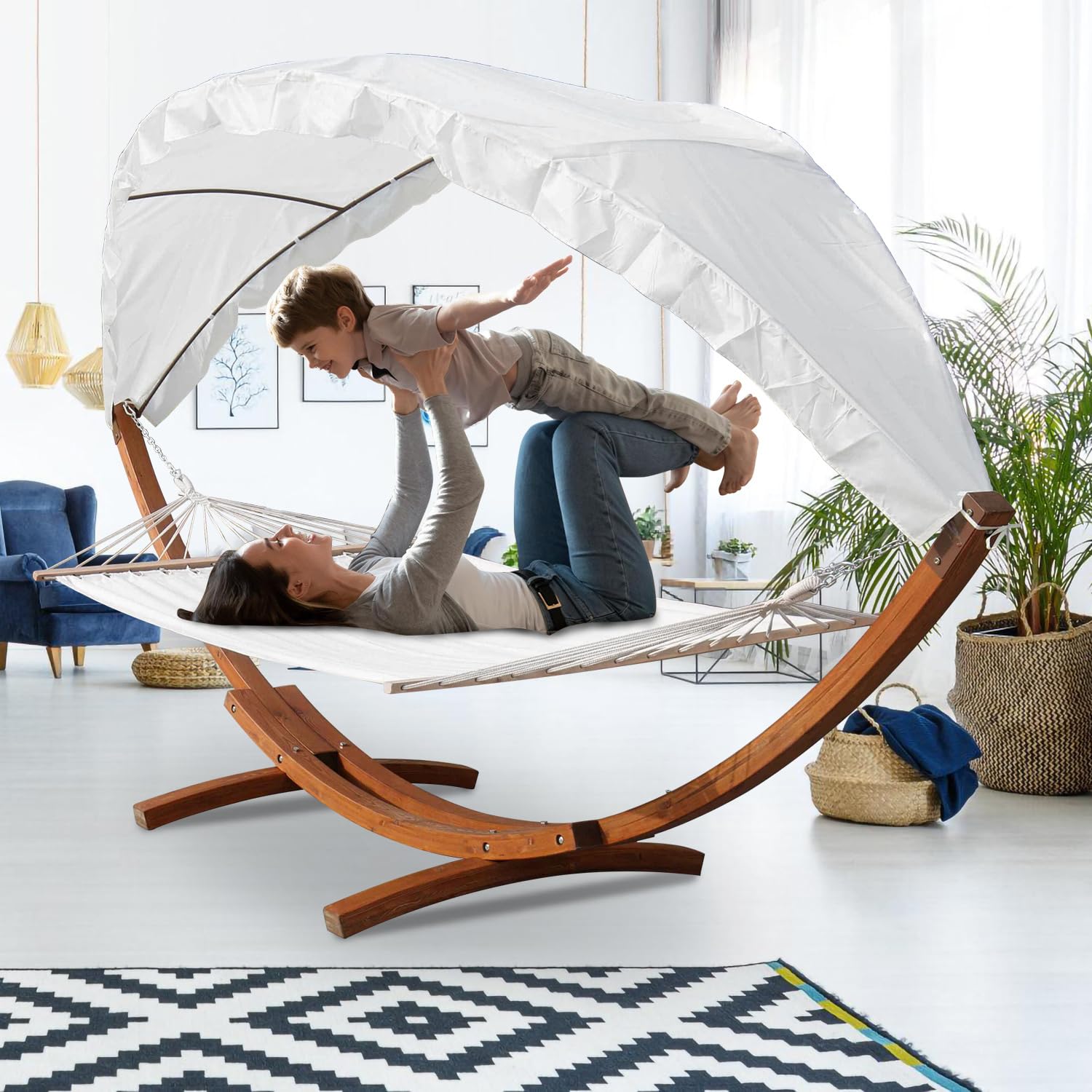 Hamac avec structure en bois, avec auvent, jusqu'à 200 kg, hamac à barre d'écartement pour 2 personnes, résistant aux intempéries, matériel de montage inclus, cadre de hamac pour balcon