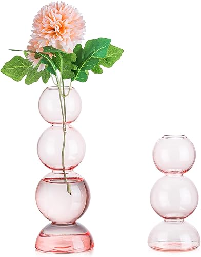Glasseam Jarrón rosa para flores, bonito juego de 2 jarrones de vidrio hechos a mano, decoración estética de floreros pequeños, jarrones