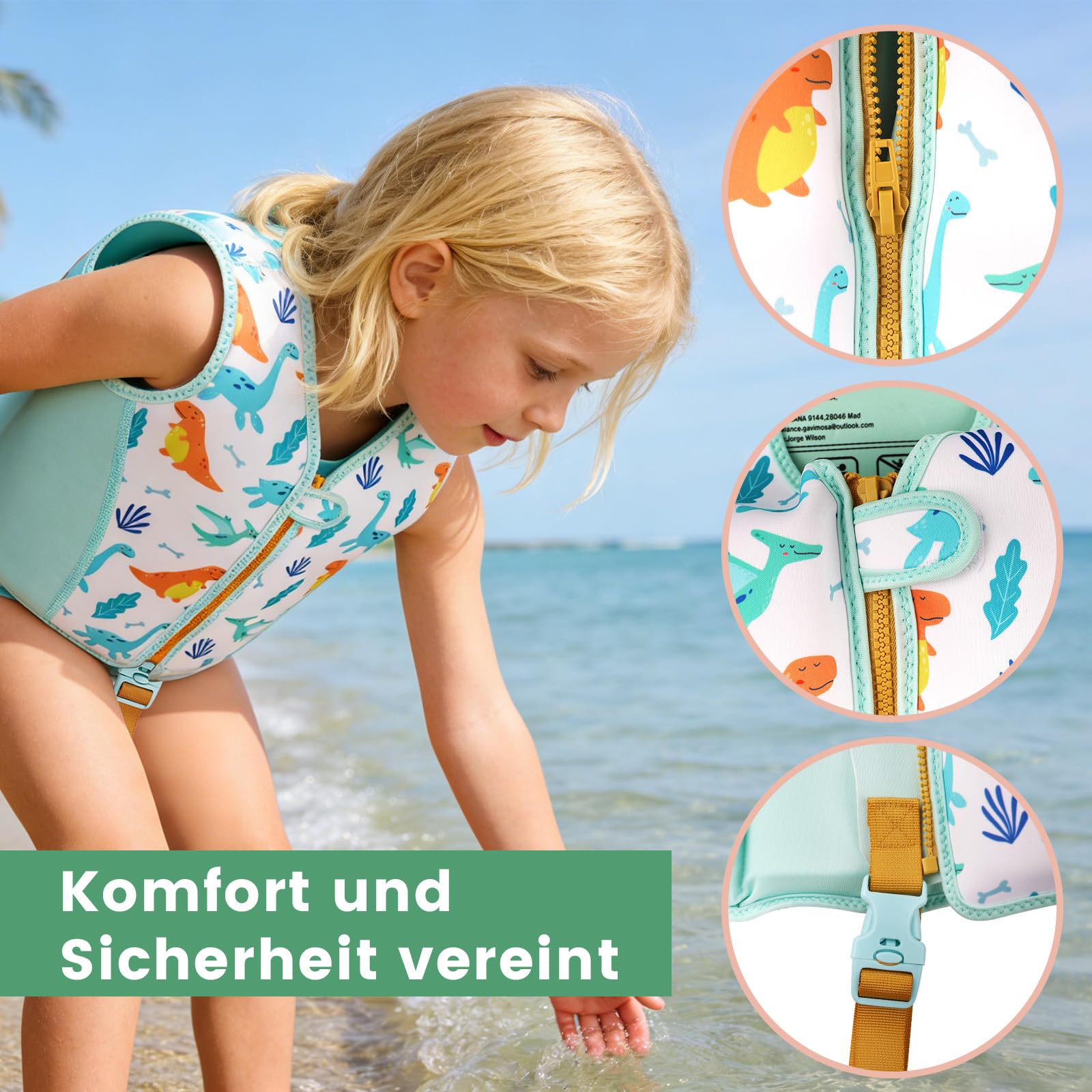 Parner Schwimmweste Kinder für 2–6 Jahre (15-30 kg), Kinder Schwimmhilfe mit Variablen Auftriebskörpern, weicher Neopren - Komfort, mit Transportbeutel,Beingurt und langem Reißverschluss