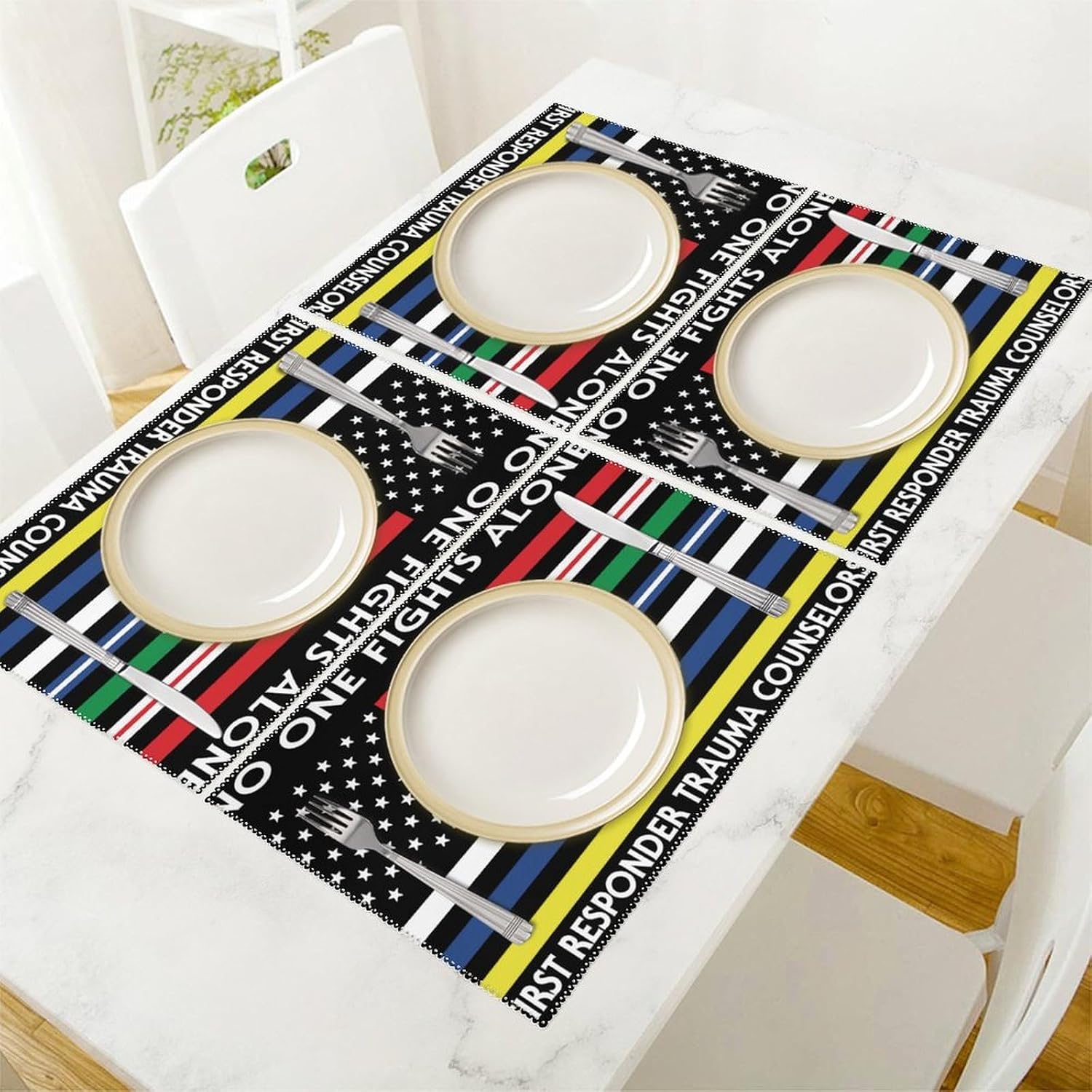 US Flag No One Fights Alone First Responder Table Mats Set of 6 Heat Resistant Placemats Non Slip Washable Place Mat for Kitchen Table Decor