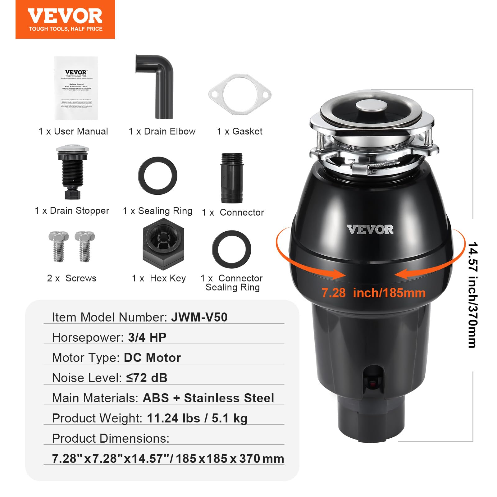 VEVOR Tritarifiuti per Lavello da Cucina, 0,559 kW, Sistema di Smaltimento Rifiuti Alimentari in Acciaio Inox, Montaggio 3 Bulloni, 3600 giri/min, con Cavo di Alimentazione, Paraspruzzi per la Casa