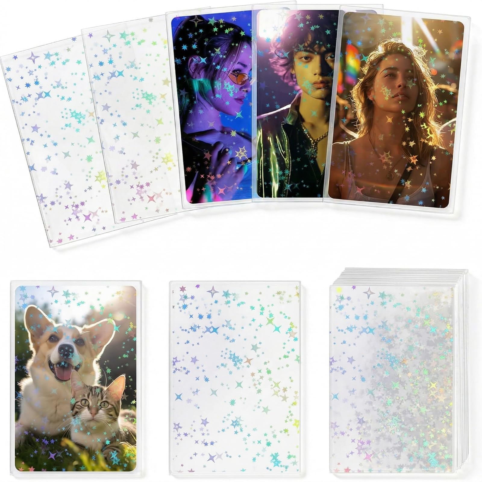 Pack of 100 Photocard Sleeves Kpop Holographic Star Pattern, 100 Micron Card Sleeves for Kpop Photo Cards, Glitter Protective Cases