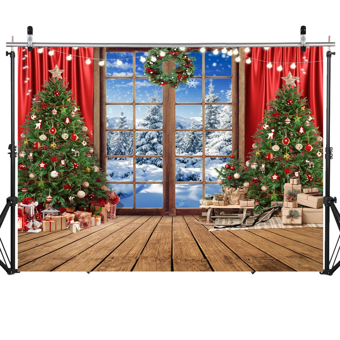 Weihnachts-Hintergrund Mit Baum & Fenstern, 2,7x1,5 M – Fotohintergrund Für Partys