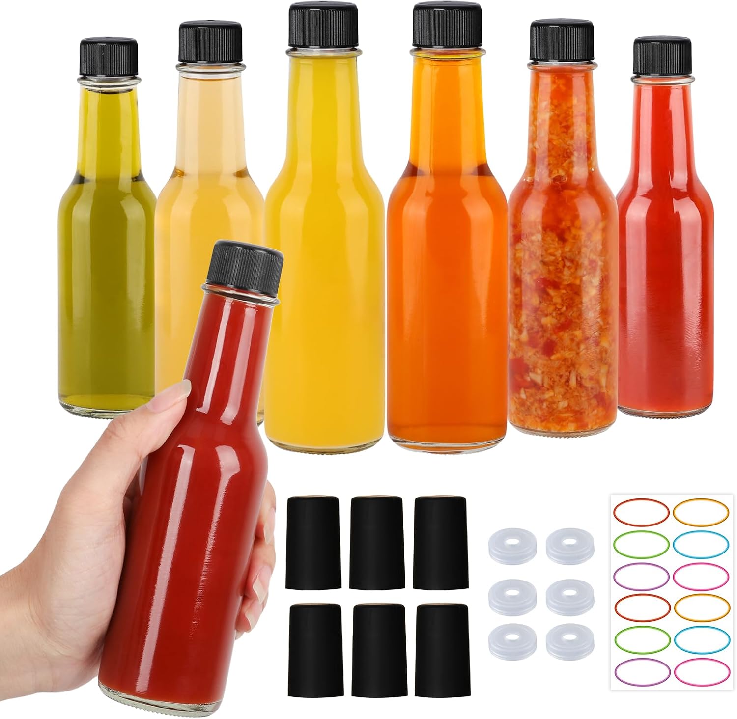 STARSIDE 5 oz Hot Sauce Bottles - 35 Pack, Clear Glass Woozy Bottles with Leak Proof Black Screw Cap