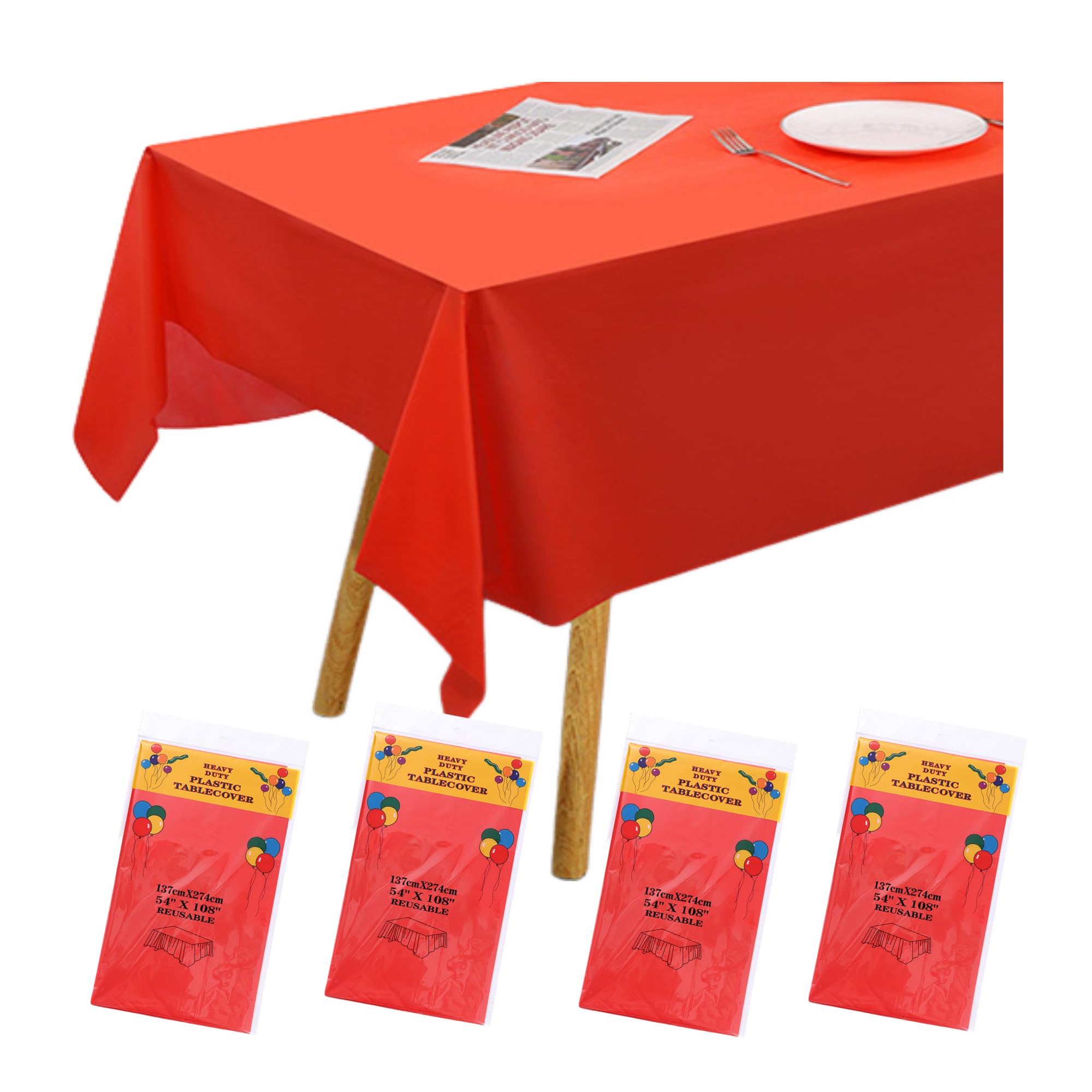 Tong Li Disposable Party Tablecloth - red, Plastic Table Cover for Events (Birthday/Party/Wedding), Easy to Clean, Waterproof, 137x274cm (54x108in) 4PCS (red)