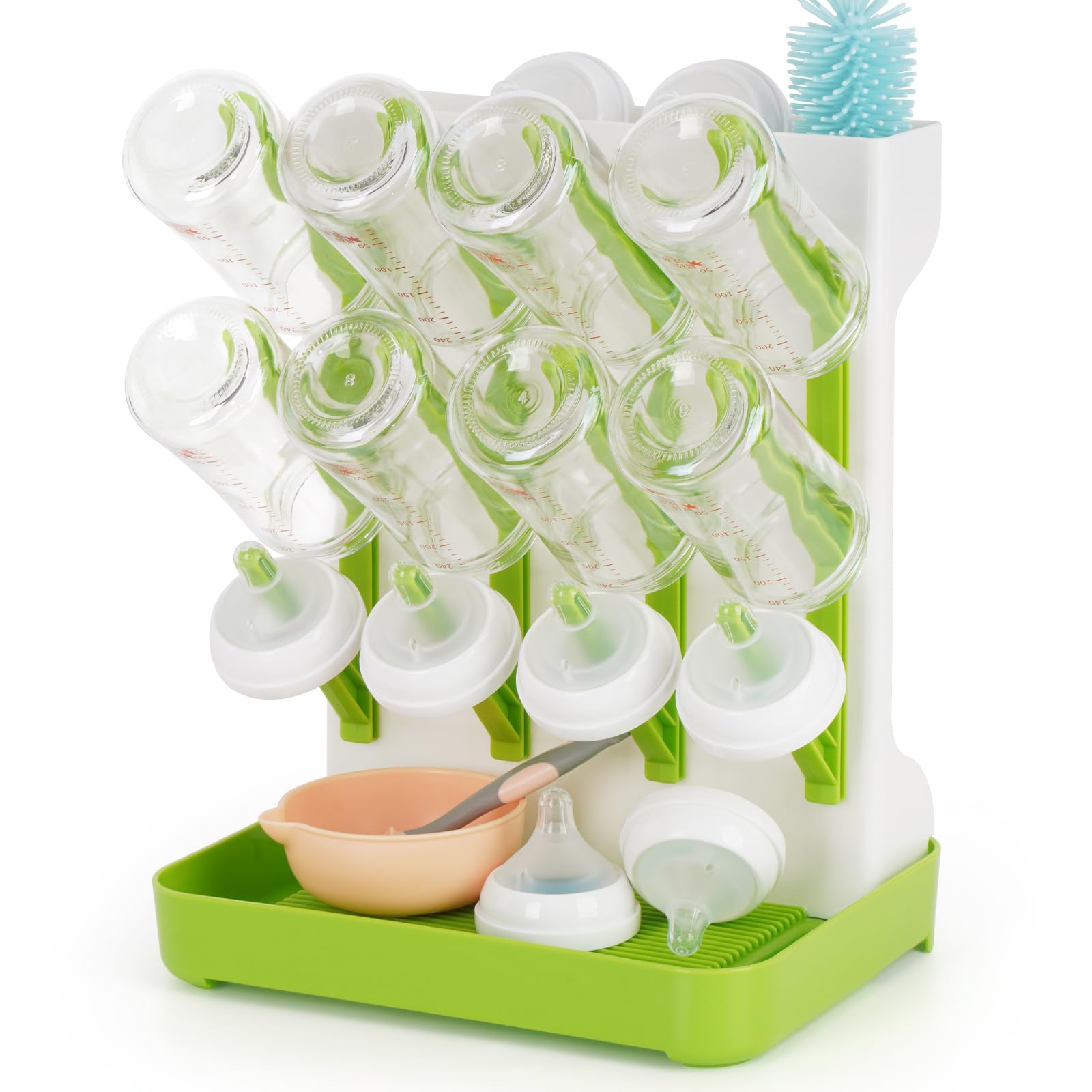 Flysich Baby Bottle Drying Rack, Space Saving Baby Bottle Organizer for Countertop, Vertical Bottle Dryer Holder with Brushes Holder, Large Bottle