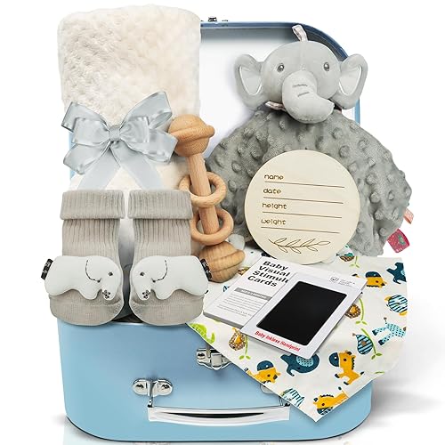 Set de regalos para baby shower para niños kit de cesta para recién nacidos, 9 piezas con manta de bebé y babero de sonajero y más, esenciales
