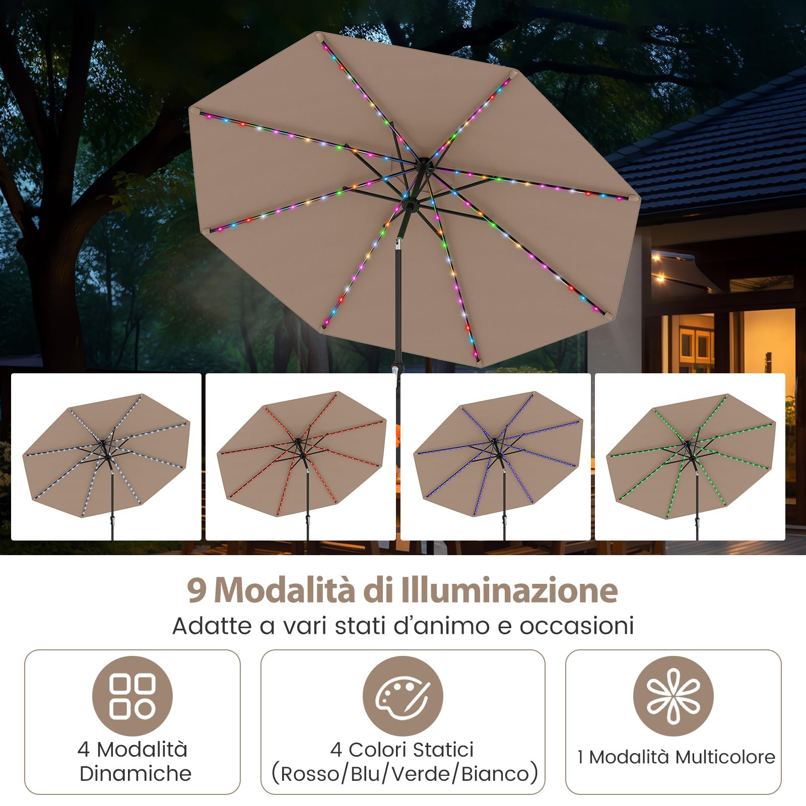 COSTWAY Ombrellone da Esterno 288 cm, con 96 Luci LED, Ombrellone Giardino con Inclinazione Regolabile, Manovella, 8 Stecche e Top Ventilato, Parasole da Mercato per Giardino Spiaggia (Marrone)