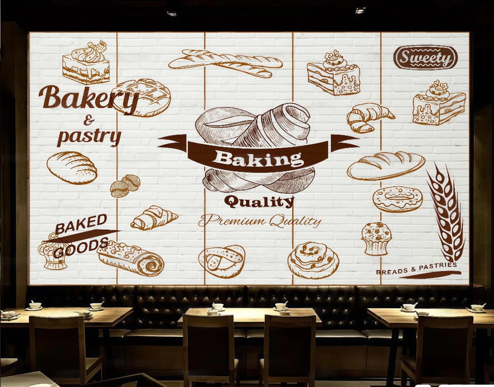 XDOUBAO Wallpaper White Brick Wall Hand Painted Delicious Bread Cake Shop Afternoon Tea Coffee Shop Background Mural Western Restaurant Wallpaper,3D,150x105cm