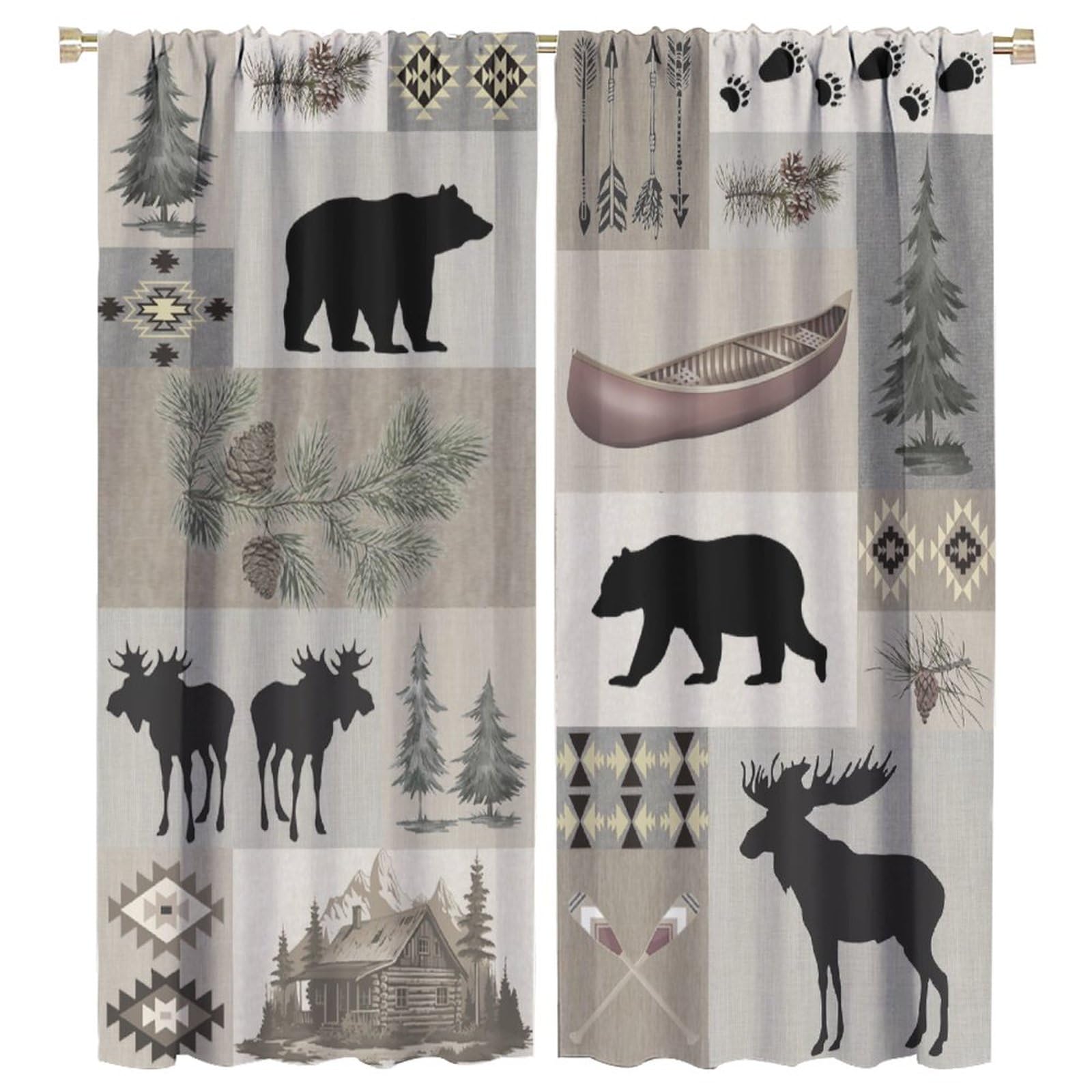 Rustic Bear Moose Deer Curtains, Retro Pine Tree Cabin Country Lodge Camping Window Treatments Vintage Tribal Aztec Abstract Geometric Blackout Window
