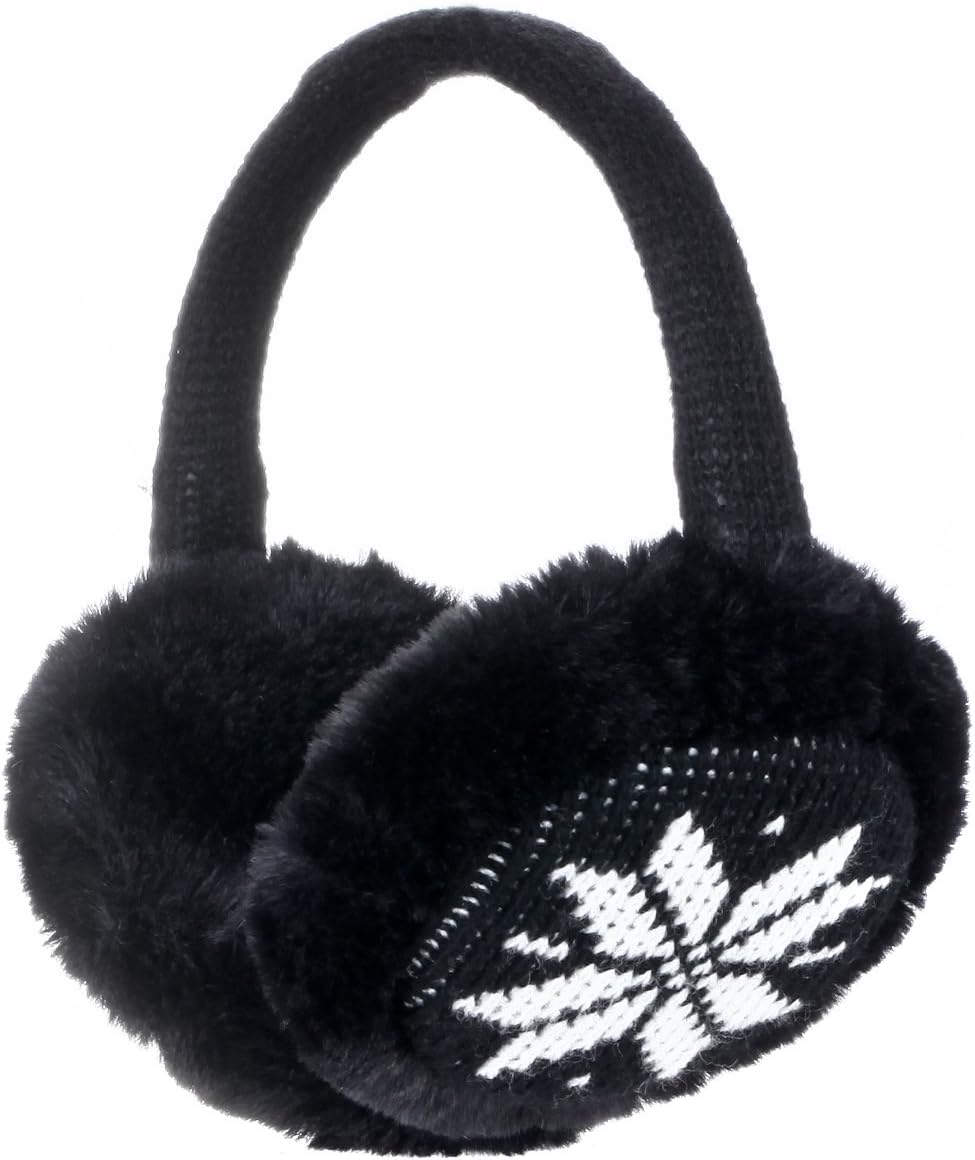 Hey Song Unisex Winter Knit Ear Muffs Plush Earmuffs Foldable Portable Ear Warmer (Snowflake Black)