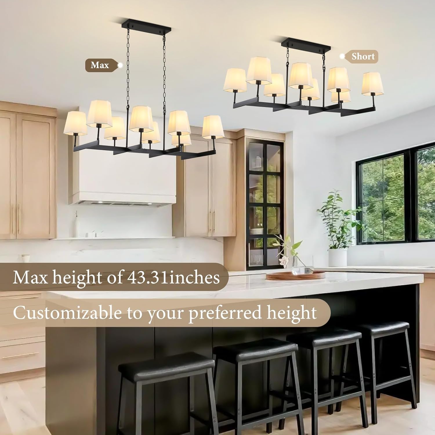 Farmhouse Chandeliers, 8-Light Black Chandeliers for Dining Room with White Fabric Shade, Adjustable Hanging Pendant Lighting for Kitchen Island Living Room