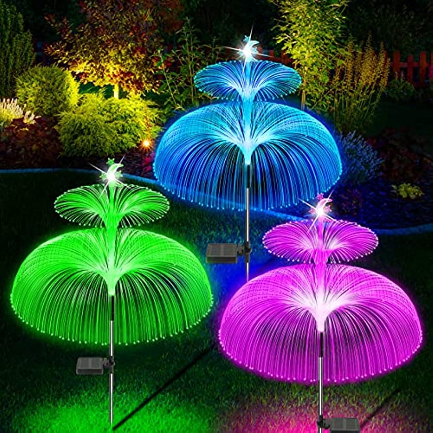 Roadiff Luces solares para exteriores – Nueva luz solar mejorada de medusas de 2 capas con estrellas, paquete de 3 flores solares impermeables que cambian de color, luces de jardín para camino, patio