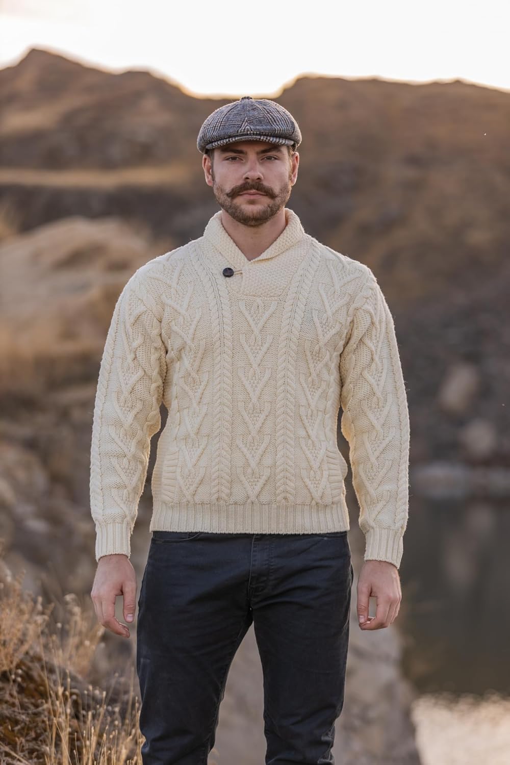100% Merino Wool Men's Shawl Collar Single Button Irish Cable Knit Sweater Knitwear with Pockets - Image 2
