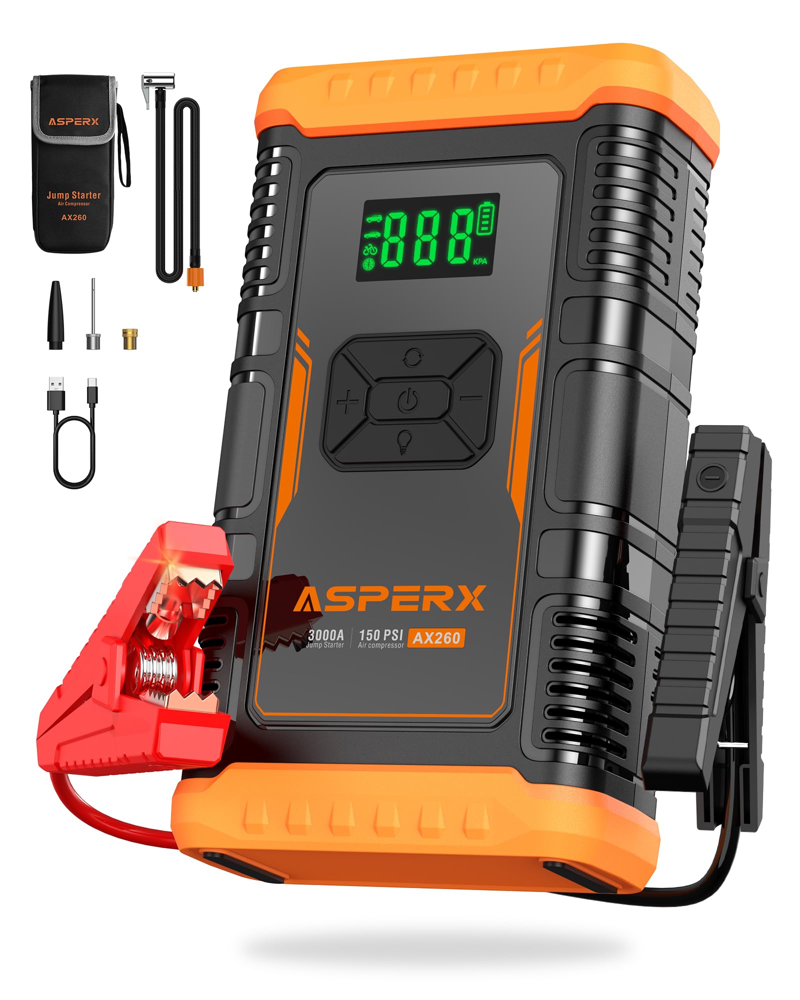ASPERX Jump Starter with Air Compressor,【Upgrade & Safety Certs】10L Gas/8L Diesel(Almost All Cars) 12V Jumper Box Car Battery Jumper Starter Portable with Tire Inflator, Jumper Cables, Display & Light