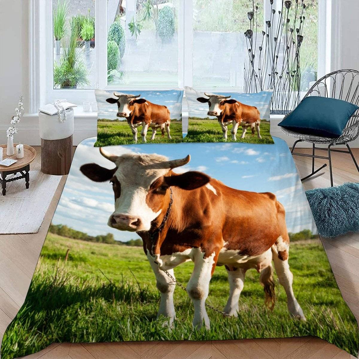 RFFLUX 3D Cow Single Duvet Cover Set 3 Pieces 135x200 Soft Microfiber Farm Animals Cattle Quilt Cover with Zipper Closure Easy Care Bedding Set with 2 Pillowcase for Kids Boys Girls Teens — image 1