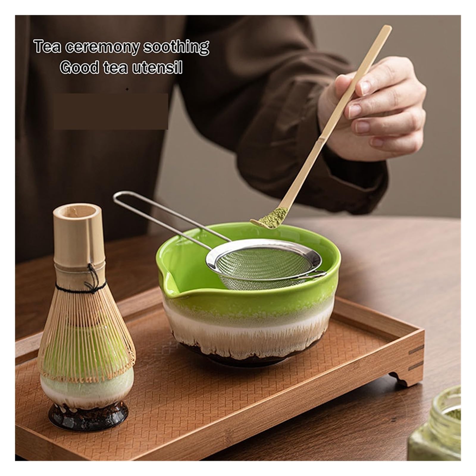 Juego de té Matcha 5 piezas con tazón, batidor bambú y cuchara, fabricación tradicional