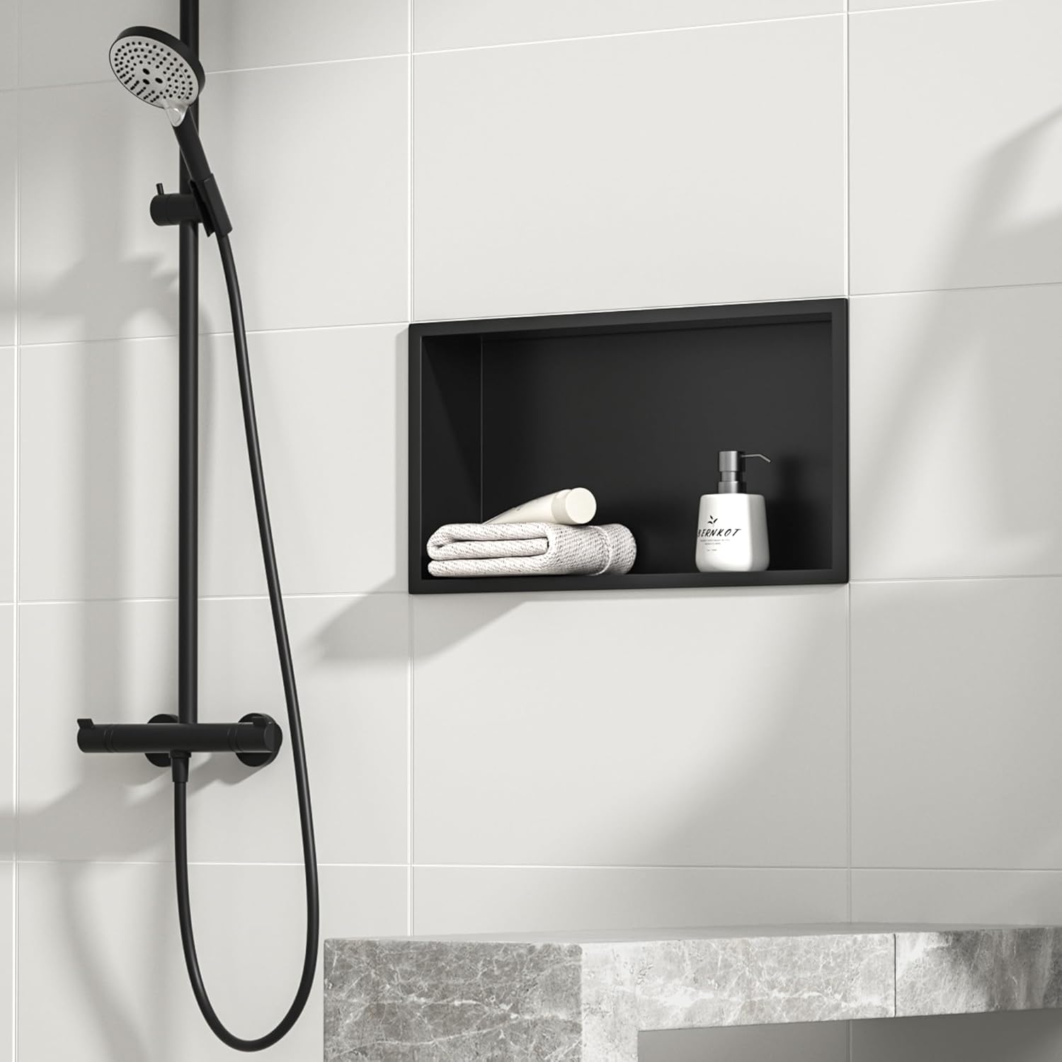 Bernkot Stainless Steel Shower Niche 12" X 24" Matte Black Waterproof No Tile Needed Wall Niche for Bathroom Storage Over Mount Installation 