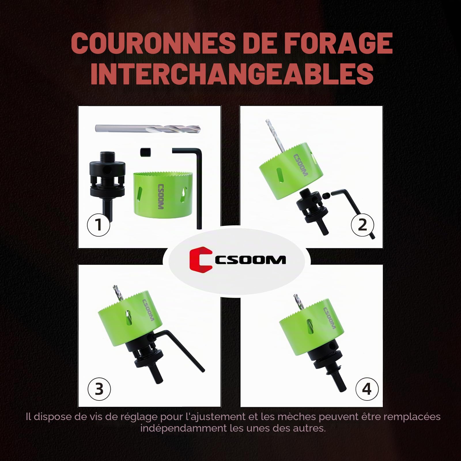 CSOOM Kit de scies cloches bimétalliques de qualité supérieure - 12 tailles (19 à 68 mm) - Profondeur de Coupe: 40 mm - Convient pour différents matériaux et applications