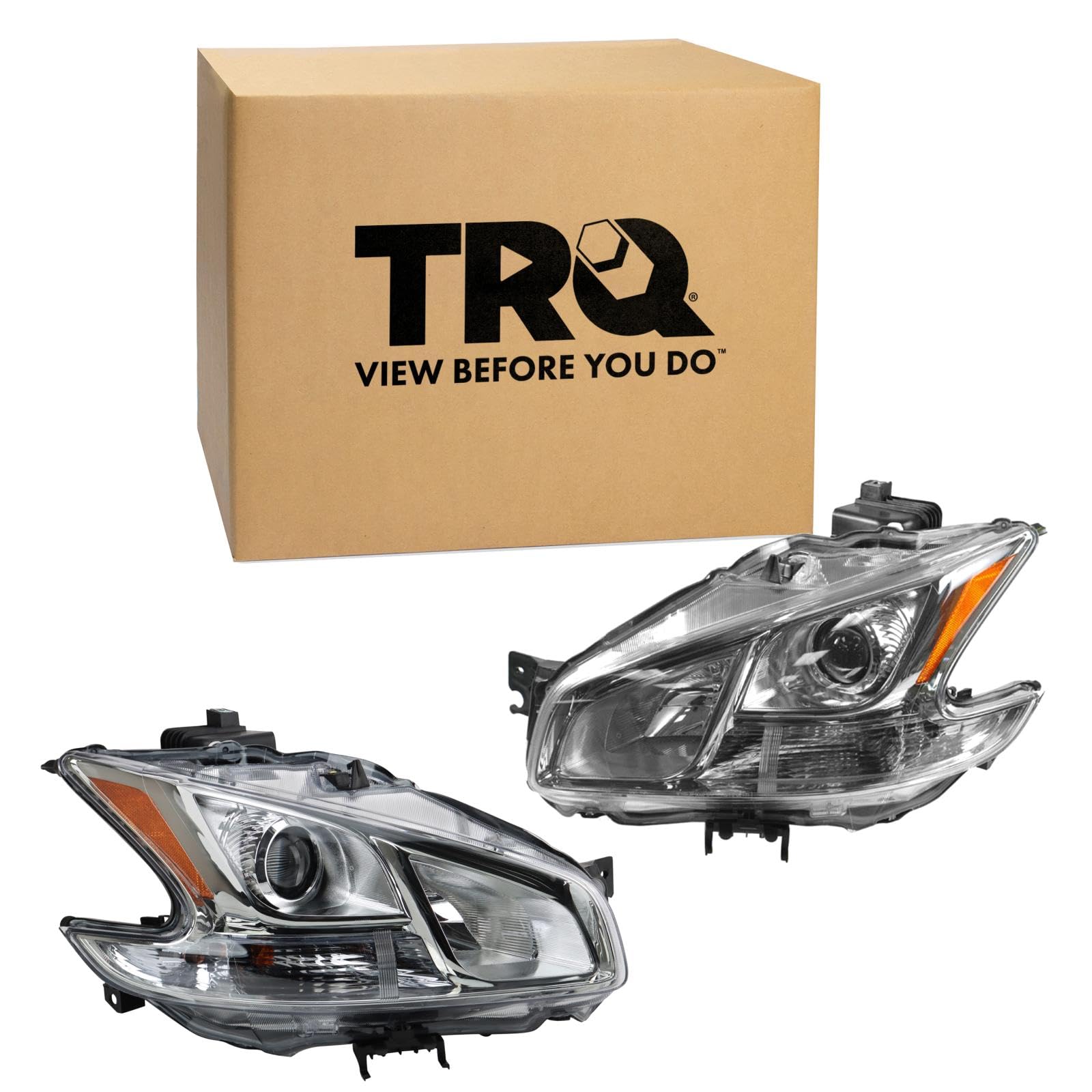 TRQ Driver and Passenger Side Headlight Assembly Set Compatible with 09-14 Nissan Maxima Halogen Only