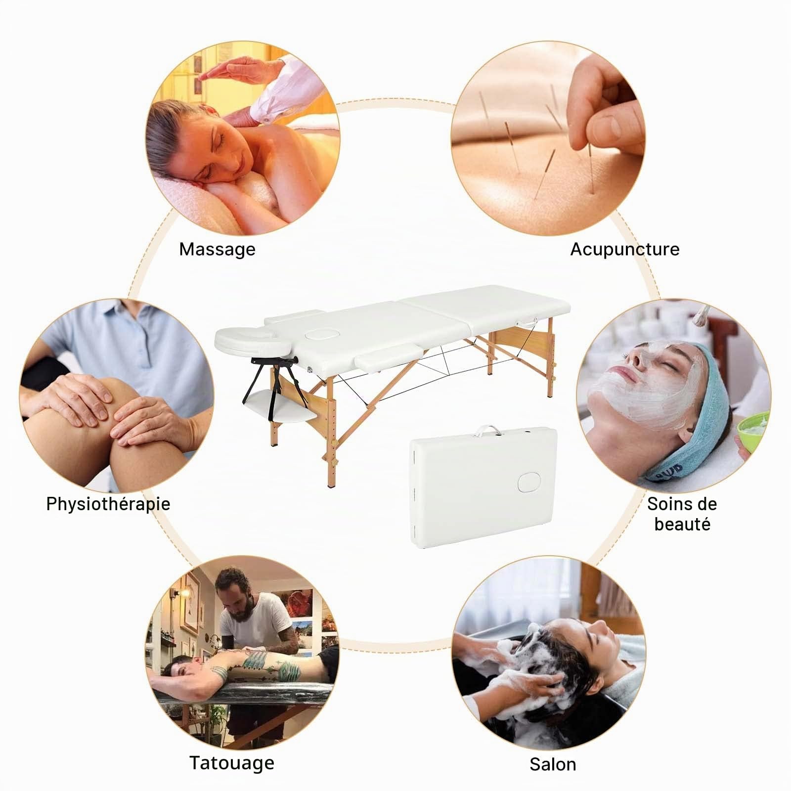 Mondeer Table de Massage, Pliante de 2 Sections Lit Cosmétique Pliante en PU et en Bois, avec l’Appui-Tête Amovible, avec Housse de Transport et Accessoires (Blanc), 198x60x81cm