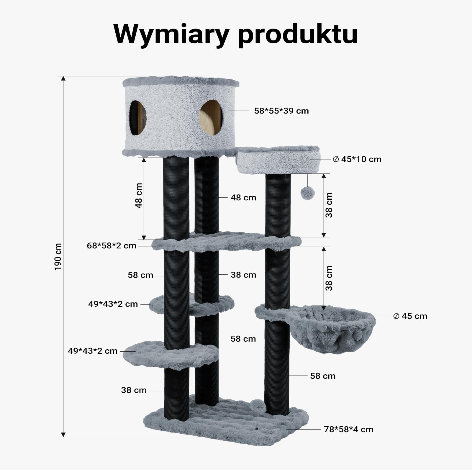 Fudajo Empire Tower 190 cm drapak XXL, drzewko dla kota z domkiem, wiszącym leżakiem, legowiskiem i słupkami do drapania z papierowej liny