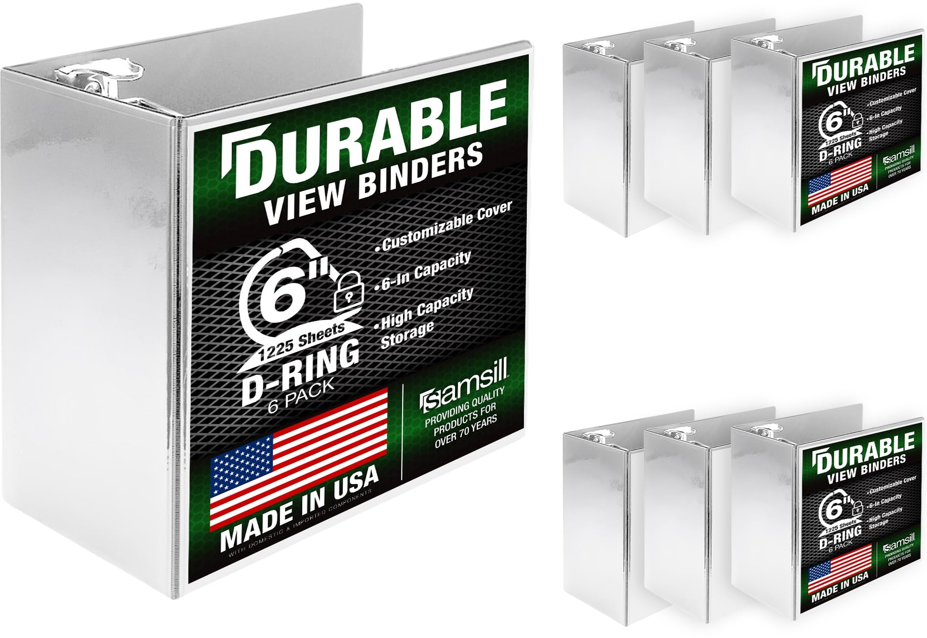 Samsill Durable 6 inch 3 Ring Binder, Locking D Ring Binder, Customizable Clear View Cover, White, 6-Pack, Holds 1225 Pages