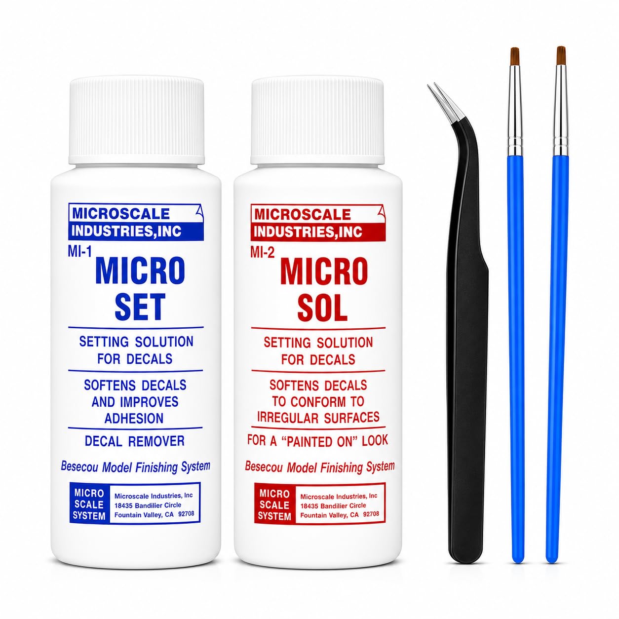 Besecou Micro Set MI-1 & Micro Sol MI-2 Decal Setting Solution Kit with Precision Black Metal Tweezers & Extra Fine Detail Brushes for Plastic Models, Scale Models & Miniatures