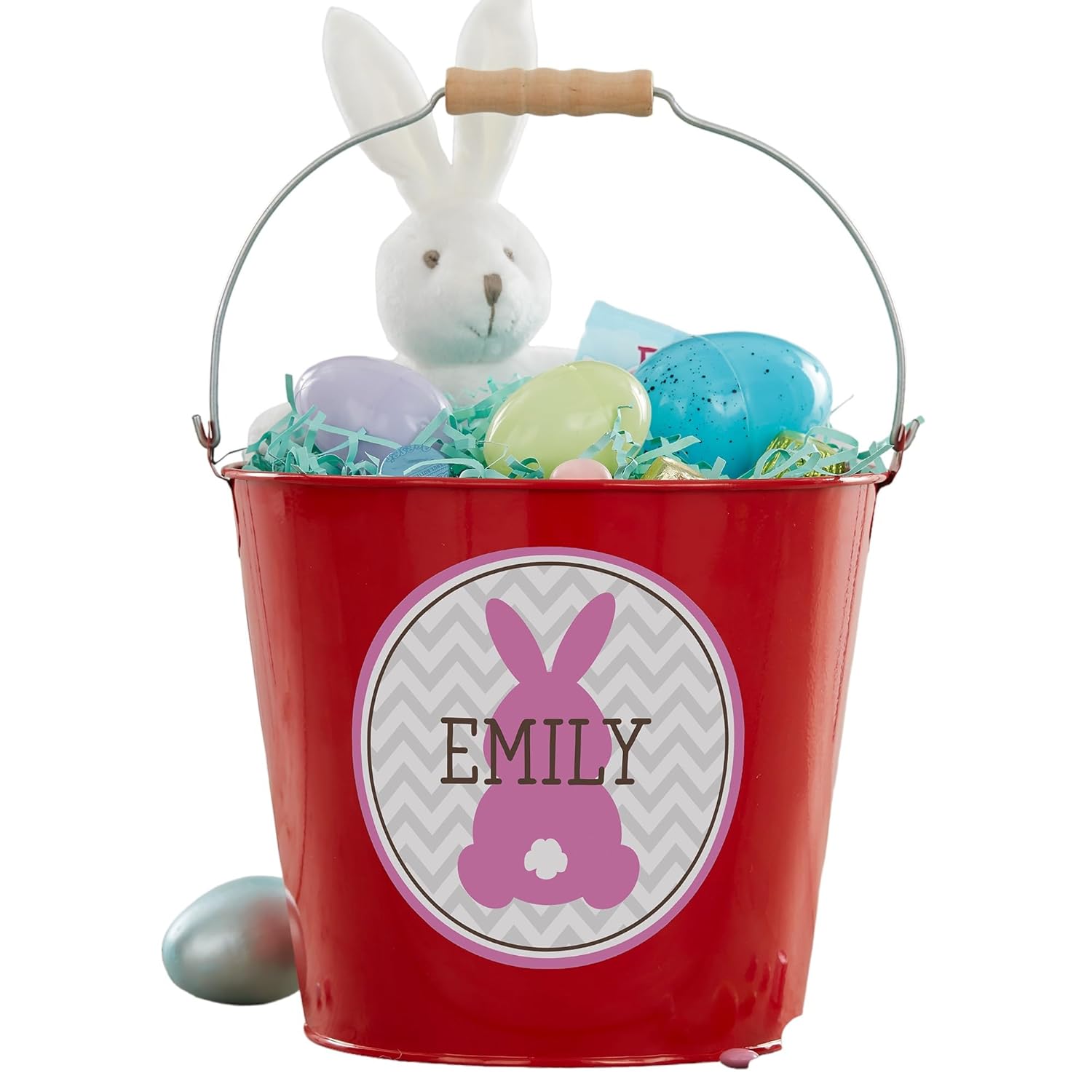 Personalization Universe Easter Bunny Personalized Treat Bucket - Ideal for Easter Basket Stuffers and Candies, Green, Pink, Purple, or Teal Bunny Design - Large Red Bucket