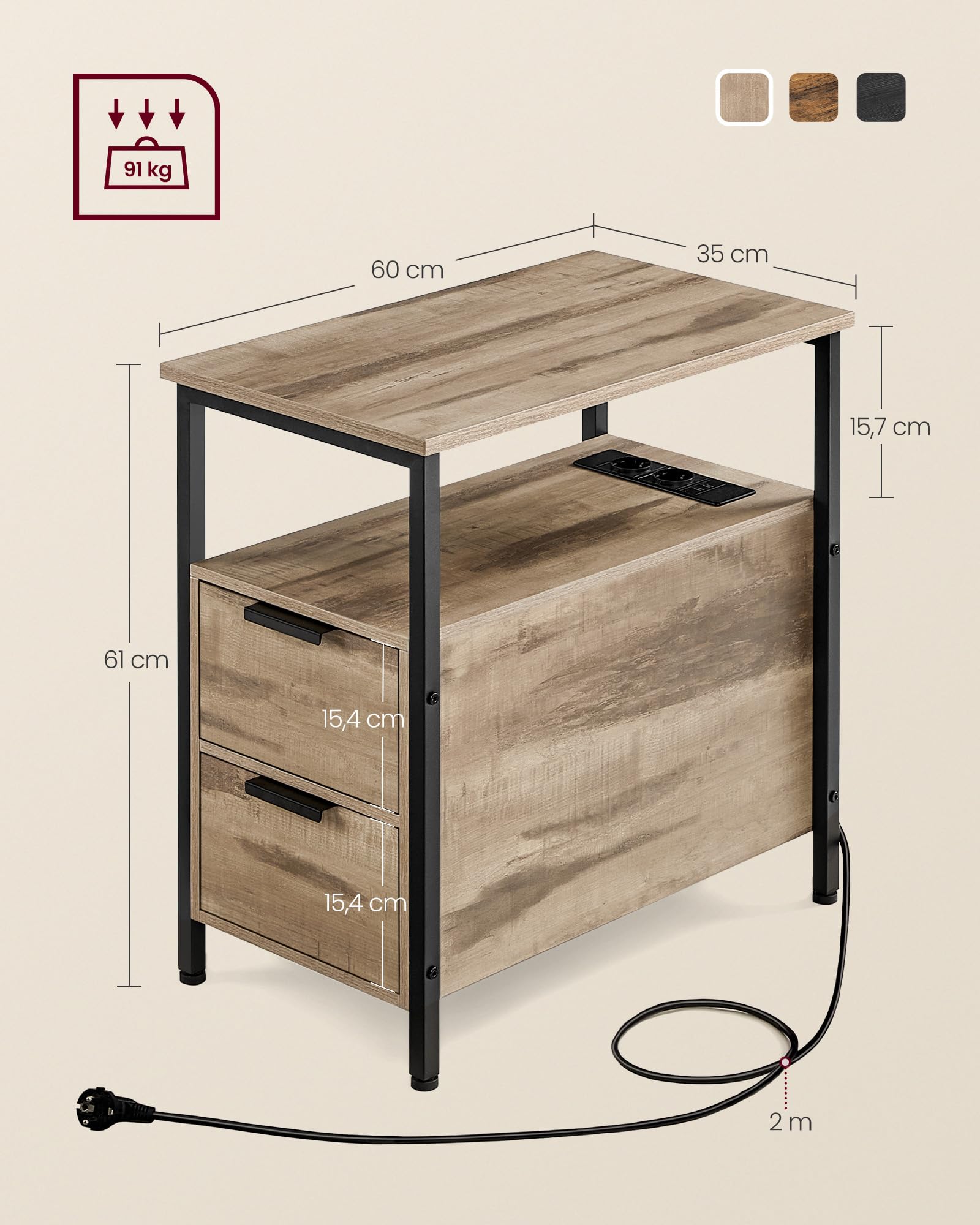 VASAGLE Table d’Appoint avec Multiprise, Petite et Fine avec 2 Tiroirs, Table de Chevet avec Rangement, pour Salon, Chambre, Marron Camel et Noir d'encre LET325K01