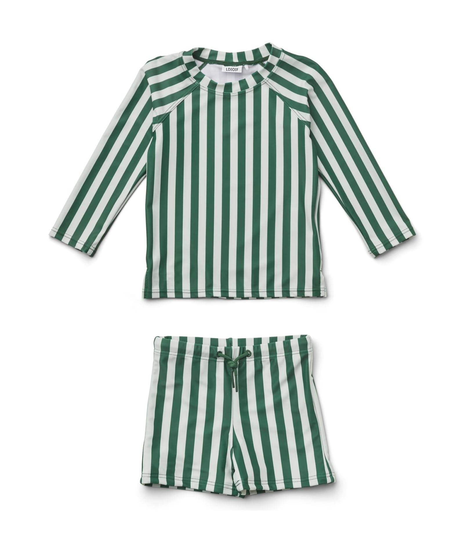 LDIOIF Toddler Boys Two Piece Swimsuit Rash Guard Set Long Sleeve Swim Shirt Trunks& Shorts Green Striped Bathing Suit 12-18M