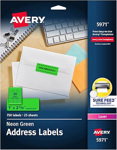 Avery Etiquetas de dirección imprimibles con alimentación segura, 1 pulgada x 2-58 pulgadas, verde neón, 750 etiquetas de correo en blanco (5971)