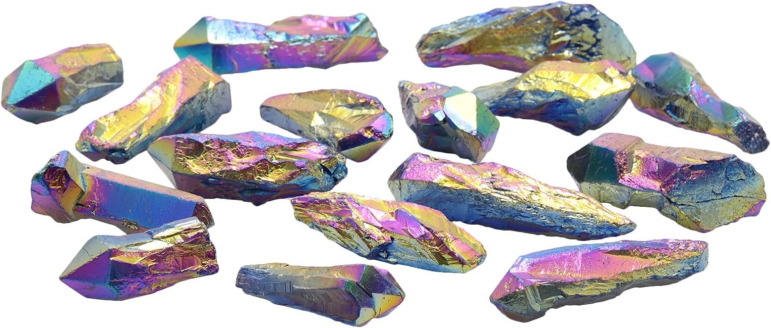 SUNYIKRaw Irregular Titanium Coated Natural Rock Quartz Crystal Points Column Points Shards 1 LB (About 460 Gram), Multicolor