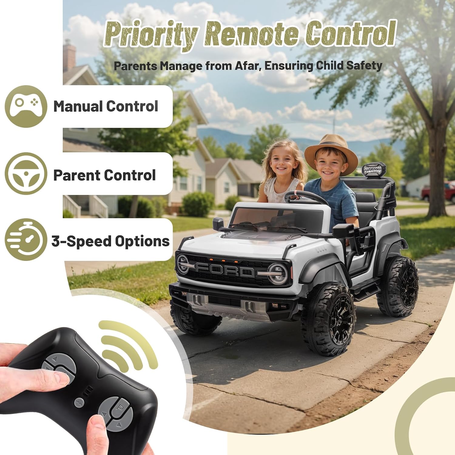 2 Seater 24V Ride on Toys for Big Kids, Licensed Ford Bronco Raptor, Powerful Wheel with Remote Control, Headlight/Music Player/Suspension Function, Durable Tires (White)