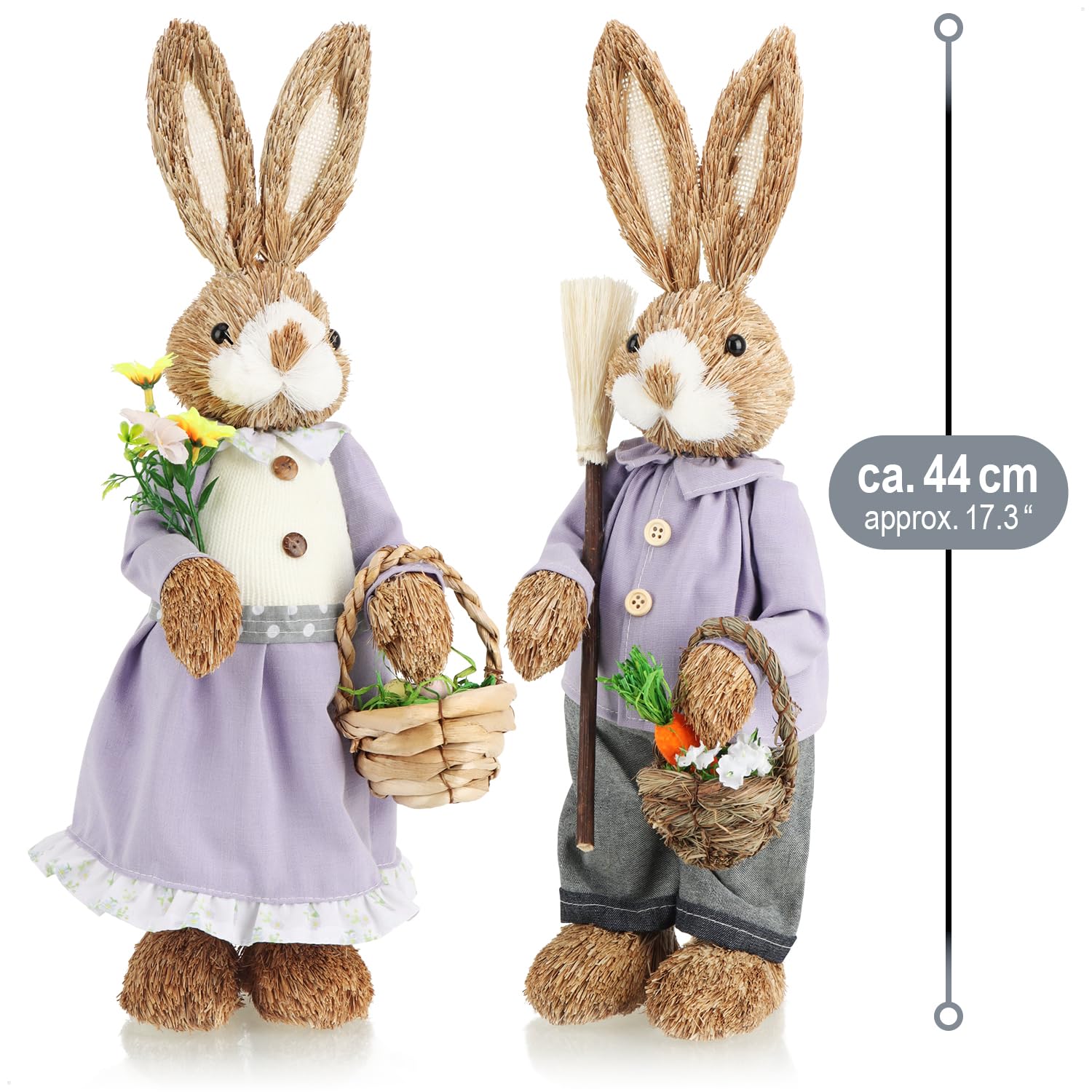 COM-FOUR® 2x XL slomkowy zajac wielkanocny recznie robiony - 44 cm dekoracyjny zajac wielkanocny do dekoracji wielkanocnych - figurki slomkowe na Wielkanoc (02 sztuki - 44 cm liliowy/niebieski)