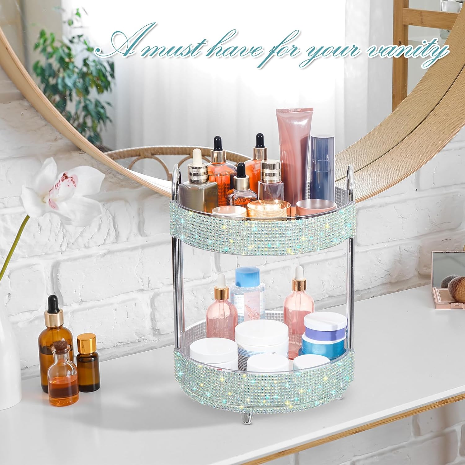 Honeydak 360 Rotating Perfume Organizer Rhinestone Bathroom Counter Organizer Makeup Holder with 2 Tiers Skincare and Perfume Storage, Large Capacity Vanity Storage for Cosmetic Countertop Decor - Image 4